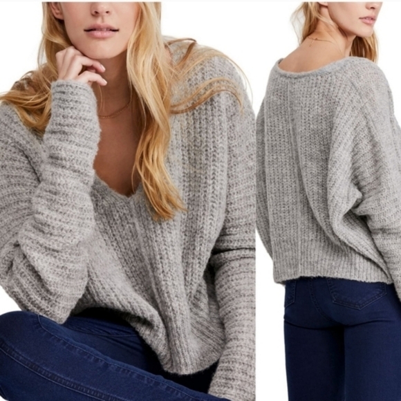 Free People Sweaters - FREE PEOPLE Moonbeam Alpaca Blend Deep V Neck Oversized Grey Sweater
